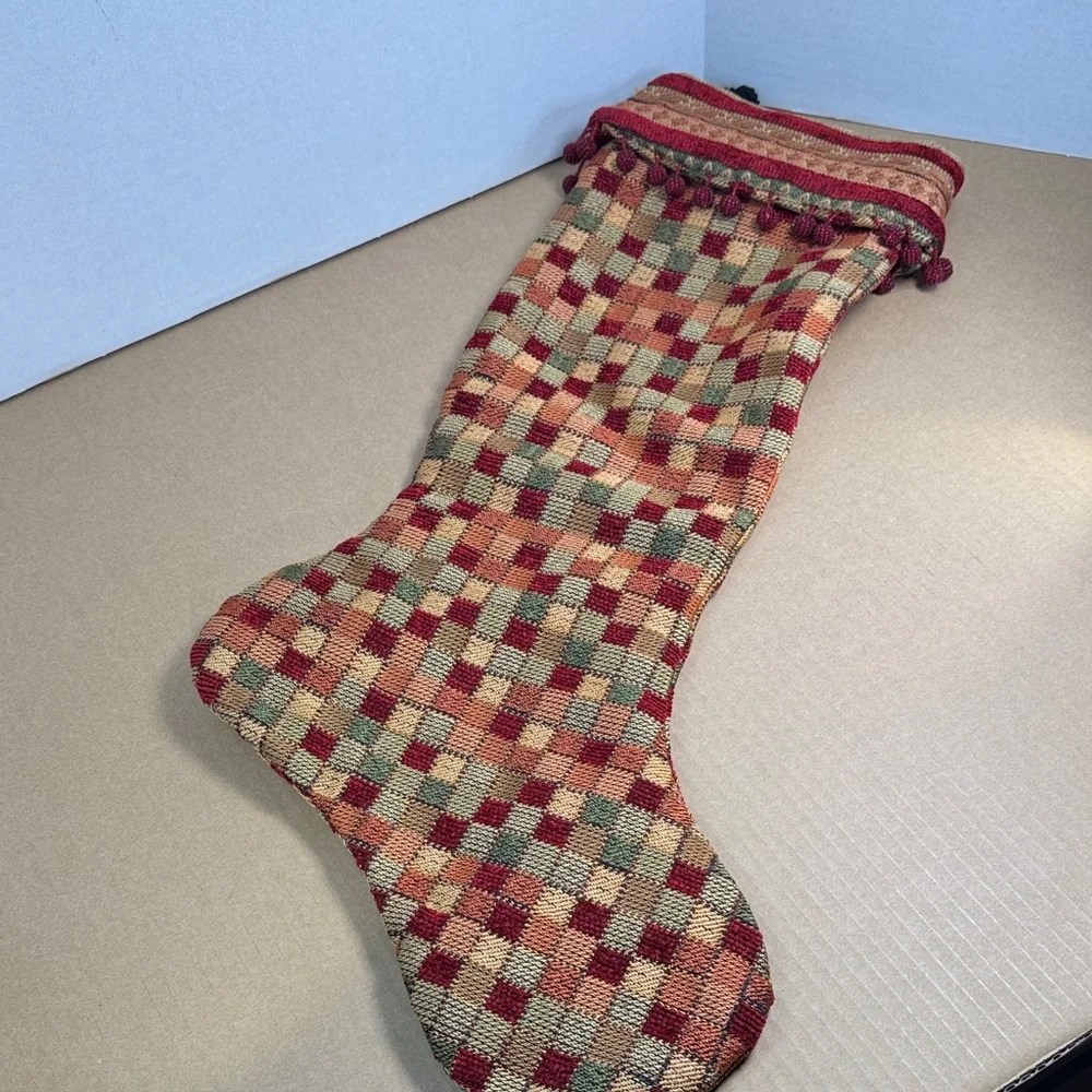 Pair of Swanky Tapestry Christmas Stockings Leopard Checkered Print Velvet Beads